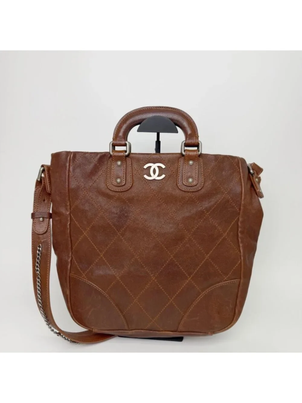 Chanel CC Logo Quilted 2-Way Shoulder Bag Leather Brown Silver Seal Vintage